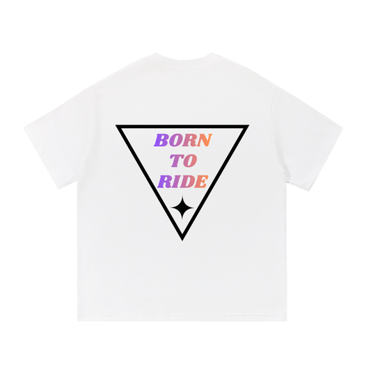 Albertross born to ride white t-shirt (rainbow text)